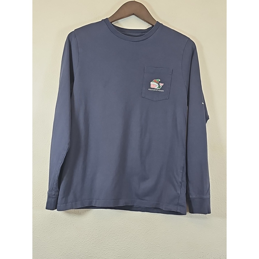 Vineyard Vines Blue Santa Whale Graphic Long Sleeve Pocket‎ T-Shirt